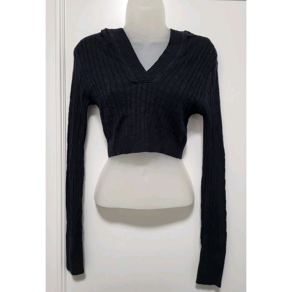 Y2K Wet Seal Black Lightweight Hooded Fitted Crop Sweater Sz M - Picture 1 of 6